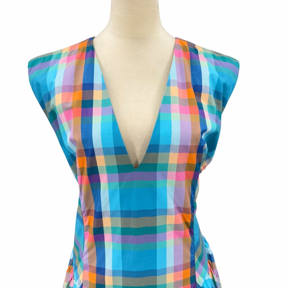 Anthropologie Maeve NEW Sleeveless V-Neck Basque Waist Blue Plaid Midi Dress - Picture 7 of 15